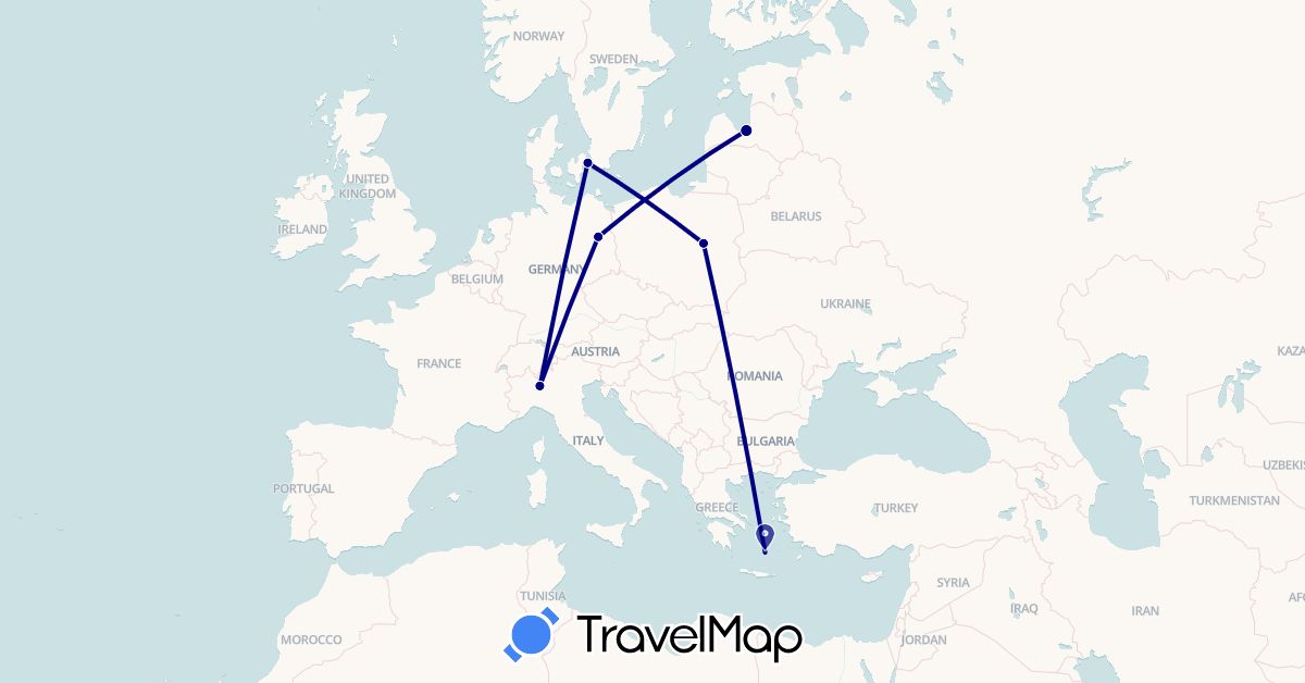 TravelMap itinerary: driving in Germany, Denmark, Greece, Italy, Latvia, Poland (Europe)